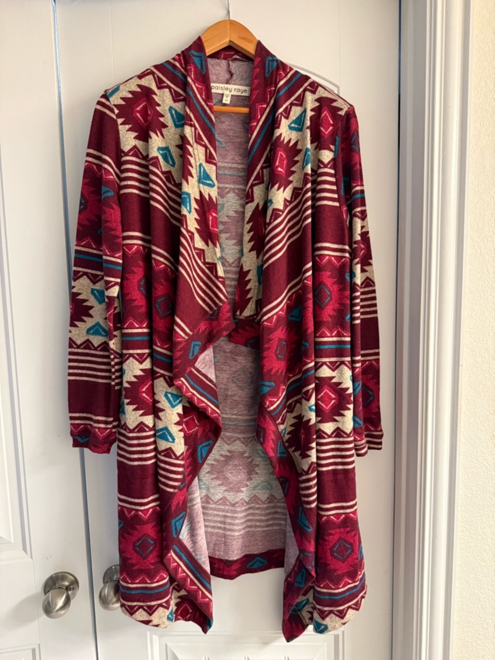 Women's Medium Burgundy Aztec Open-Front Cardigan Sweater